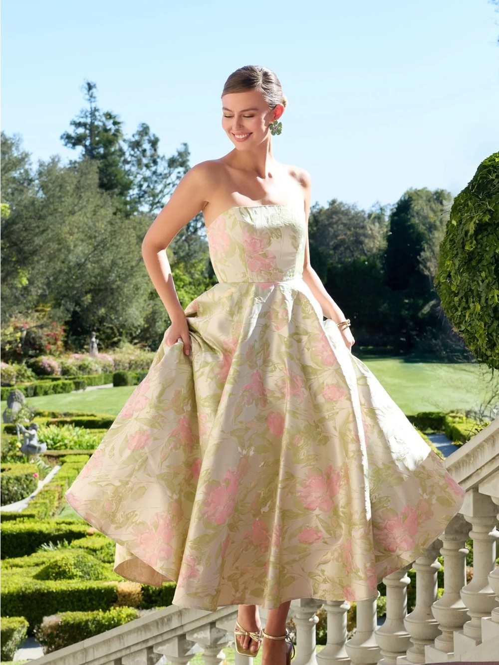 Mac Duggal 69147 Green Floral Strapless A-Line Midi Dress sz 4
